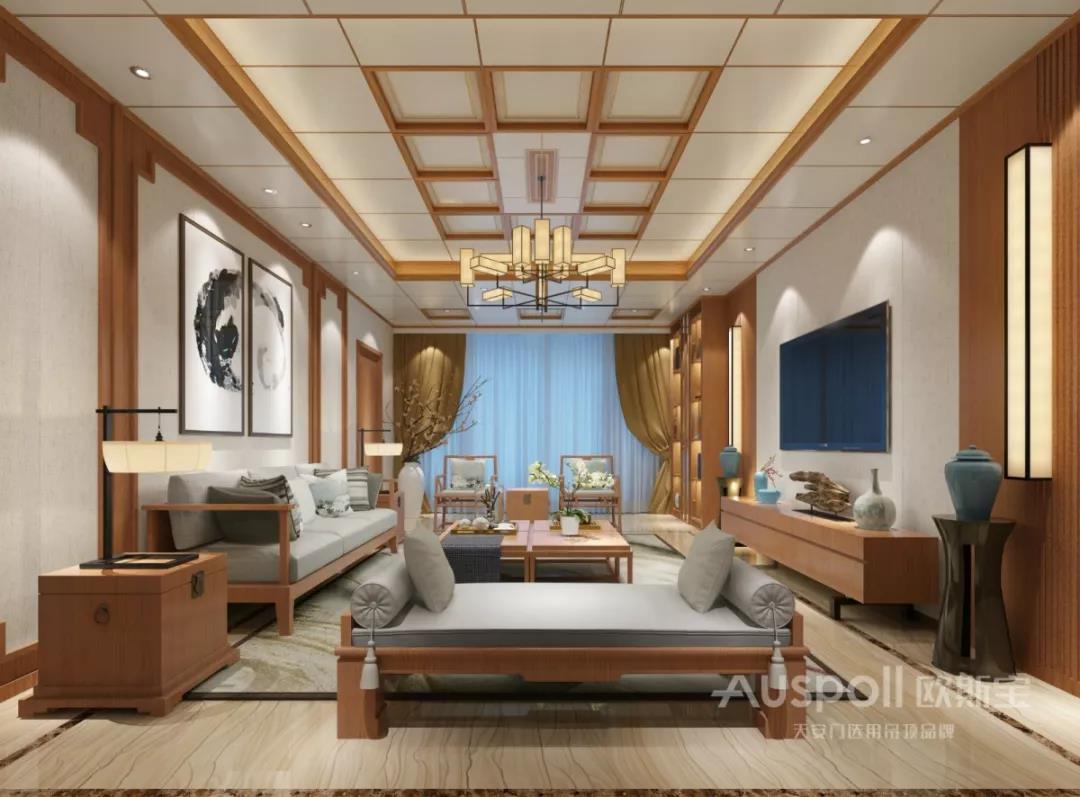 集成吊頂安裝在客廳的效果，新中式風格